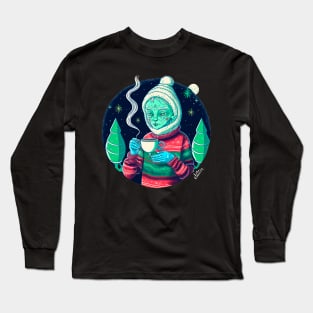 Christmas Funny Alien Drinking Coffee Wearing Sweater Long Sleeve T-Shirt